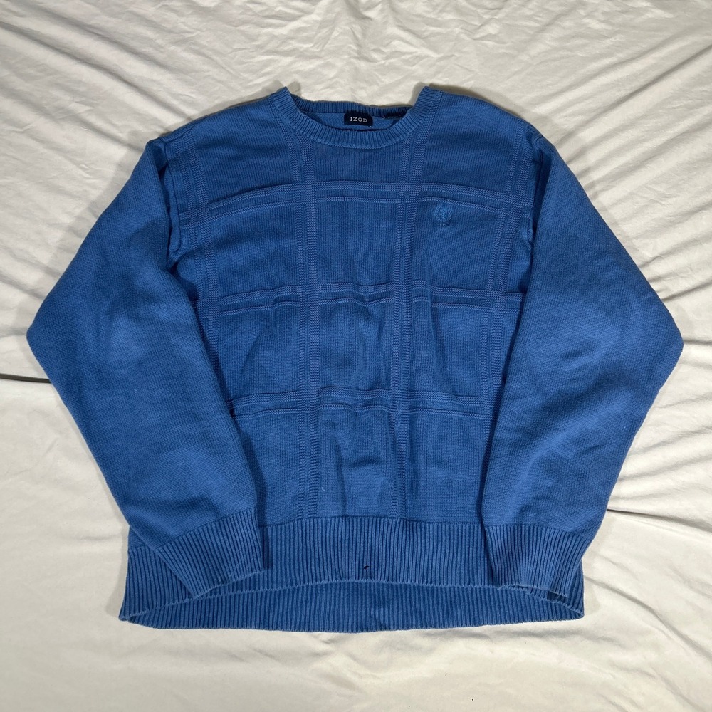 IZOD Mens XXL Blue Cotton Textured Grid Crewneck Sweater Long Sleeve Classic